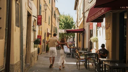 Coppia che cammina in una strada stretta con caffè all'aperto in una giornata di sole